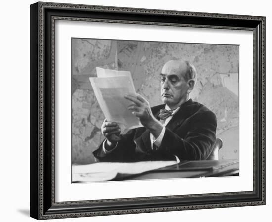 Robert Moses, Nyc Planner and Builder of Highways, Reading Document in His Office-Alfred Eisenstaedt-Framed Photographic Print