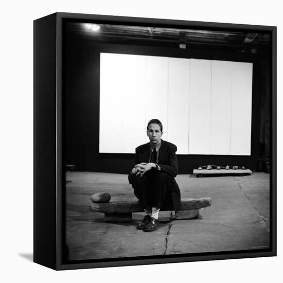 Robert Rauschenberg Sitting on One of His Sculptures in His Studio-Allan Grant-Framed Premier Image Canvas