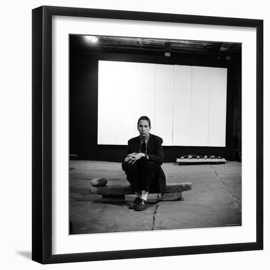 Robert Rauschenberg Sitting on One of His Sculptures in His Studio-Allan Grant-Framed Premium Photographic Print