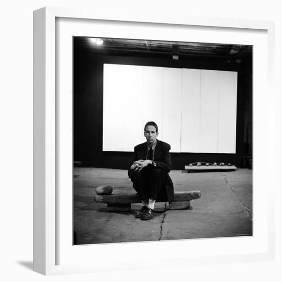 Robert Rauschenberg Sitting on One of His Sculptures in His Studio-Allan Grant-Framed Premium Photographic Print