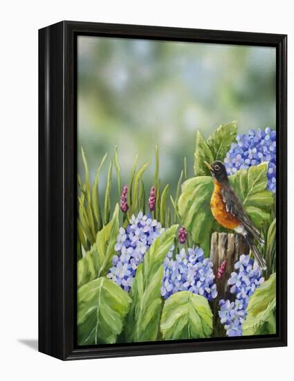 Robin with Hydrangeas-Sarah Davis-Framed Premier Image Canvas