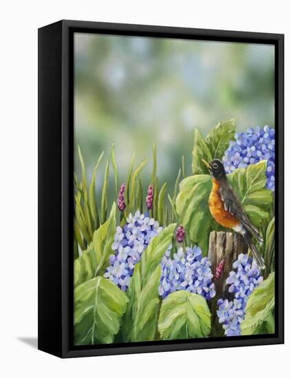 Robin with Hydrangeas-Sarah Davis-Framed Premier Image Canvas