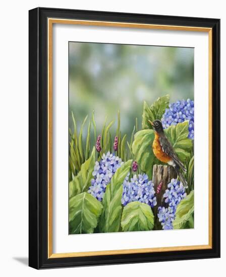 Robin with Hydrangeas-Sarah Davis-Framed Giclee Print