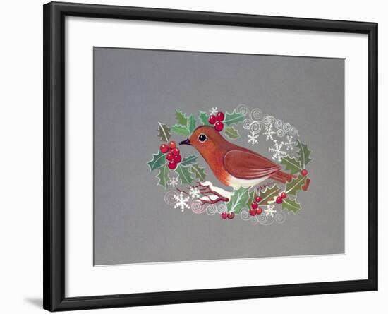 Robin with Snowflakes and Holly-Mike Alexander-Framed Giclee Print