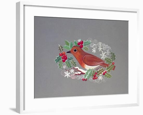 Robin with Snowflakes and Holly-Mike Alexander-Framed Giclee Print