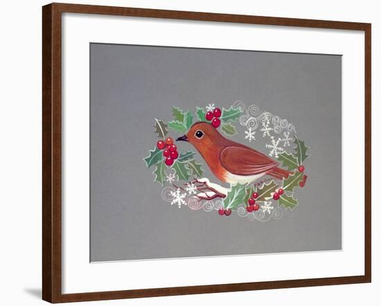 Robin with Snowflakes and Holly-Mike Alexander-Framed Giclee Print