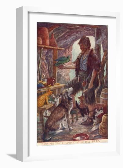 Robinson Crusoe and His Pets, from Adventures of Robinson Crusoe, Published 1908-null-Framed Giclee Print