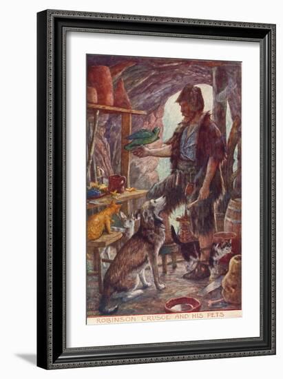 Robinson Crusoe and His Pets, from Adventures of Robinson Crusoe, Published 1908-null-Framed Giclee Print