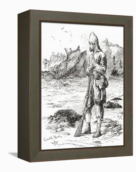Robinson Crusoe on the Desert Island after Being Shipwrecked, from Adventures of Robinson Crusoe-null-Framed Premier Image Canvas
