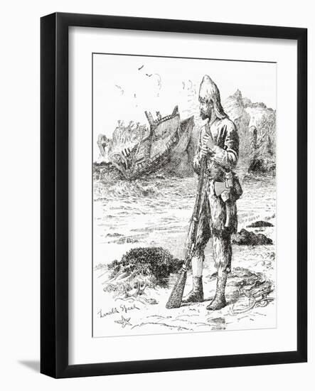 Robinson Crusoe on the Desert Island after Being Shipwrecked, from Adventures of Robinson Crusoe-null-Framed Giclee Print