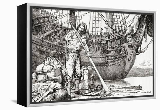Robinson Crusoe Rowing to Safety on a Raft after Being Shipwrecked-null-Framed Premier Image Canvas