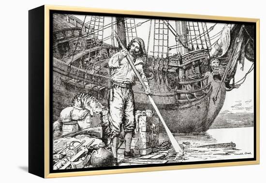 Robinson Crusoe Rowing to Safety on a Raft after Being Shipwrecked-null-Framed Premier Image Canvas