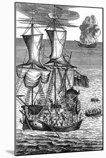 Robinson Crusoe Saves the Crew of a Ship on Fire at Sea, C1719-null-Mounted Giclee Print