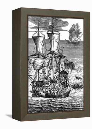 Robinson Crusoe Saves the Crew of a Ship on Fire at Sea, C1719-null-Framed Premier Image Canvas