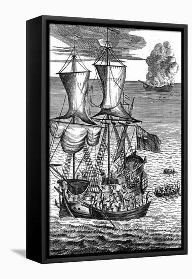 Robinson Crusoe Saves the Crew of a Ship on Fire at Sea, C1719-null-Framed Premier Image Canvas
