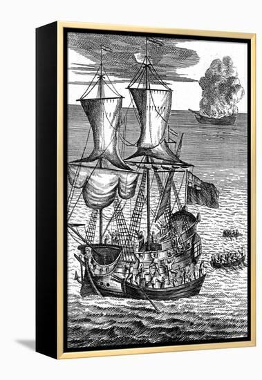 Robinson Crusoe Saves the Crew of a Ship on Fire at Sea, C1719-null-Framed Premier Image Canvas