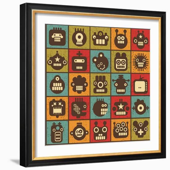 Robot and Monsters Cell Background-panova-Framed Art Print