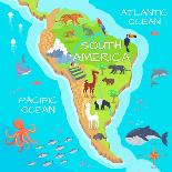 South America Mainland Cartoon Map with Fauna Species. Cute American Animals Flat Vector. Amazonian-robuart-Art Print
