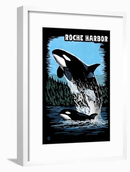 Roche Harbor, Washington - Orca and Calf Scratchboard-Lantern Press-Framed Art Print