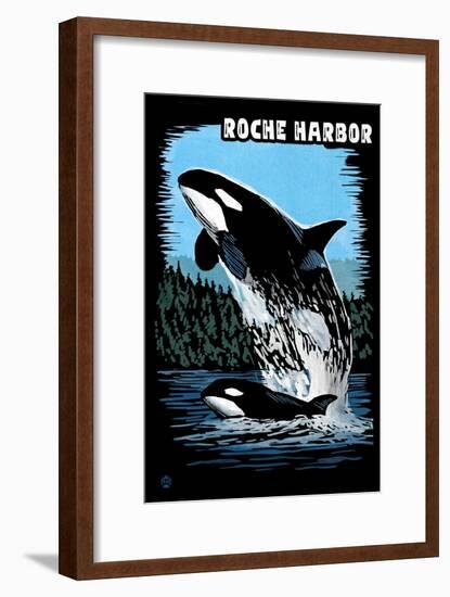 Roche Harbor, Washington - Orca and Calf Scratchboard-Lantern Press-Framed Art Print