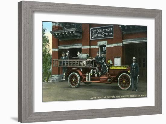 Rochester, Minnesota - Central Fire Station Exterior with Fire Truck-Lantern Press-Framed Art Print