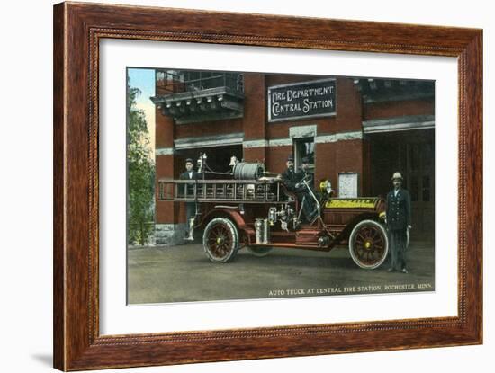 Rochester, Minnesota - Central Fire Station Exterior with Fire Truck-Lantern Press-Framed Art Print