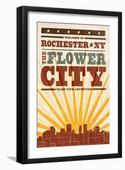 Rochester, New York - Skyline and Sunburst Screenprint Style-Lantern Press-Framed Art Print