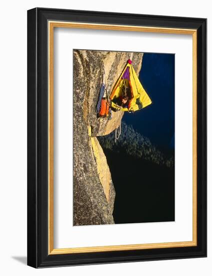 Rock Climber Bivouacked in His Portaledge on an Overhanging Cliff.-Greg Epperson-Framed Photographic Print