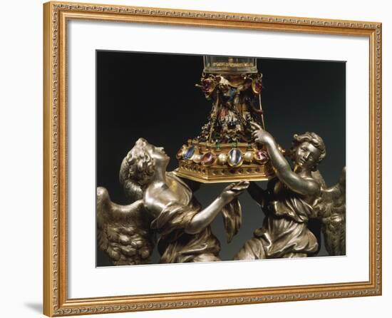 Rock Crystal Glass Mounted in Enamelled Gold, Supported by Two Silver Figures of Angels-null-Framed Giclee Print