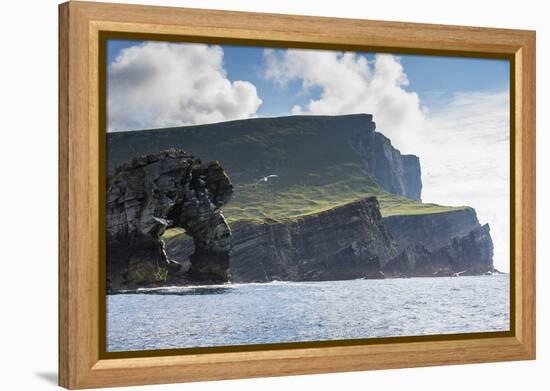 Rock Formation known as Gada's Stack on Foula Island, Shetlands, Scotland, United Kingdom, Europe-Michael Nolan-Framed Premier Image Canvas