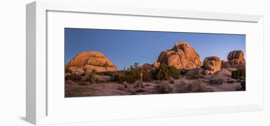 Rock formations on landscape with Juniper and Joshua Trees, Joshua Tree National Park, Californi...-null-Framed Photographic Print