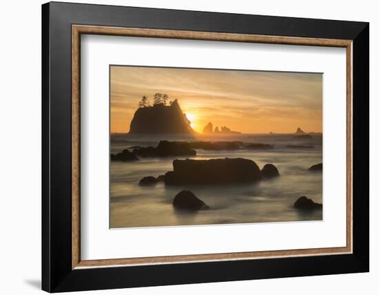 Rock Formations Silhouetted At Sunset On The Pacífic Coast Of Olympic National Park-Inaki Relanzon-Framed Photographic Print