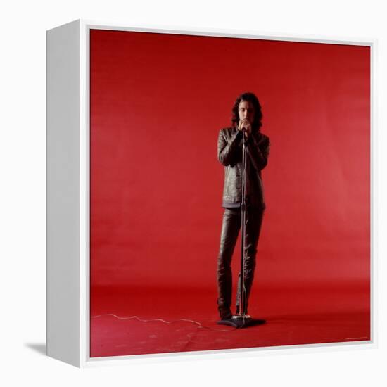 Rock Star Jim Morrison of the Doors Holding Microphone Alone as He Stands Against a Red Backdrop-Yale Joel-Framed Premier Image Canvas