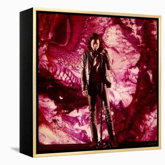 Rock Star Jim Morrison of The Doors Singing on Stage in Front of a Purple Psychedelic Backdrop-Yale Joel-Framed Premier Image Canvas