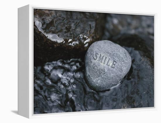 Rock with the Word Smile in Rushing Water-null-Framed Premier Image Canvas