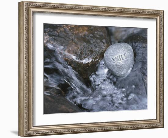 Rock with the Word Smile in Rushing Water-null-Framed Photographic Print