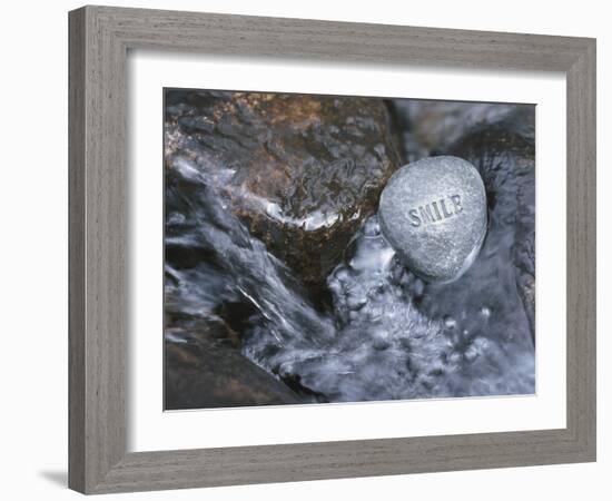 Rock with the Word Smile in Rushing Water-null-Framed Photographic Print