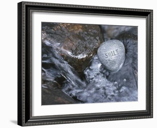 Rock with the Word Smile in Rushing Water-null-Framed Photographic Print