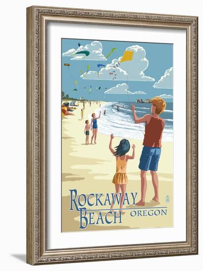 Rockaway Beach, Oregon - Kite Flyers-Lantern Press-Framed Art Print