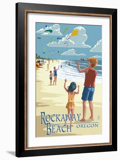 Rockaway Beach, Oregon - Kite Flyers-Lantern Press-Framed Art Print