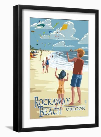 Rockaway Beach, Oregon - Kite Flyers-Lantern Press-Framed Art Print