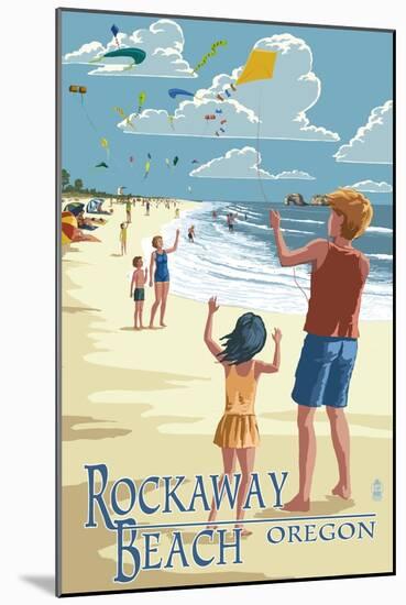 Rockaway Beach, Oregon - Kite Flyers-Lantern Press-Mounted Art Print