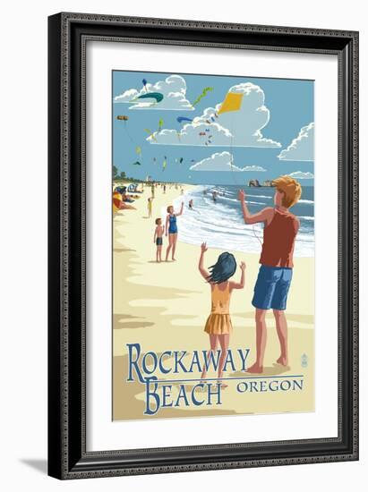 Rockaway Beach, Oregon - Kite Flyers-Lantern Press-Framed Art Print