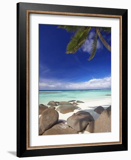 Rocks and Palm Tree on Tropical Beach, Seychelles, Indian Ocean, Africa-Papadopoulos Sakis-Framed Photographic Print