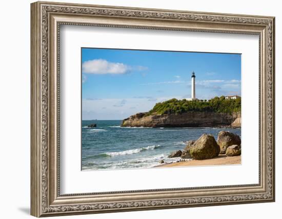 Rocks on the Sandy Beach and the Lighthouse in Biarritz, Pyrenees Atlantiques, Aquitaine-Martin Child-Framed Photographic Print