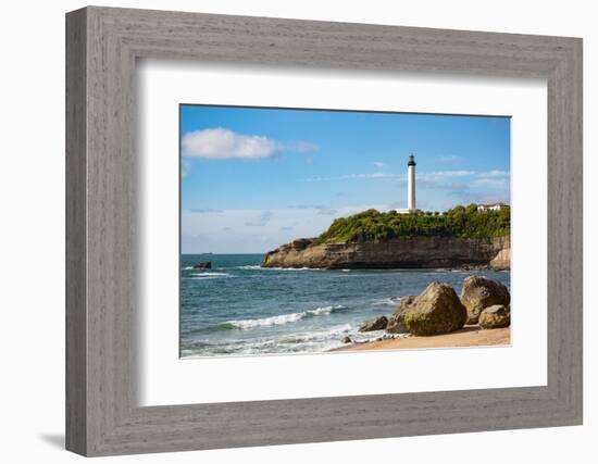Rocks on the Sandy Beach and the Lighthouse in Biarritz, Pyrenees Atlantiques, Aquitaine-Martin Child-Framed Photographic Print