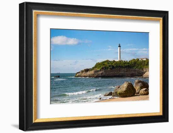 Rocks on the Sandy Beach and the Lighthouse in Biarritz, Pyrenees Atlantiques, Aquitaine-Martin Child-Framed Photographic Print