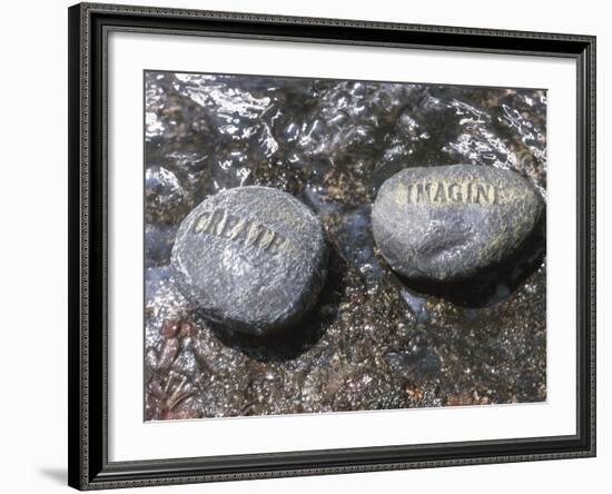 Rocks with the Words Imagine and Create in Water-null-Framed Photographic Print