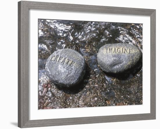 Rocks with the Words Imagine and Create in Water-null-Framed Photographic Print