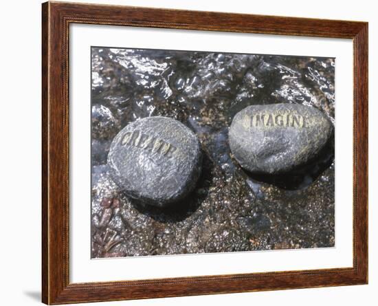 Rocks with the Words Imagine and Create in Water-null-Framed Photographic Print